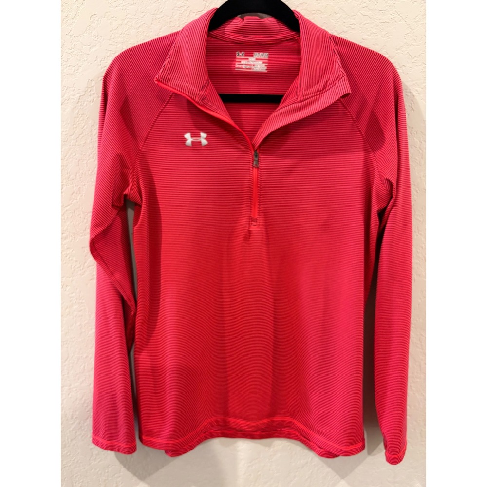 Under Armour HeatGear Deep Coral Black Striped Quarter Zip Pullover Womens M